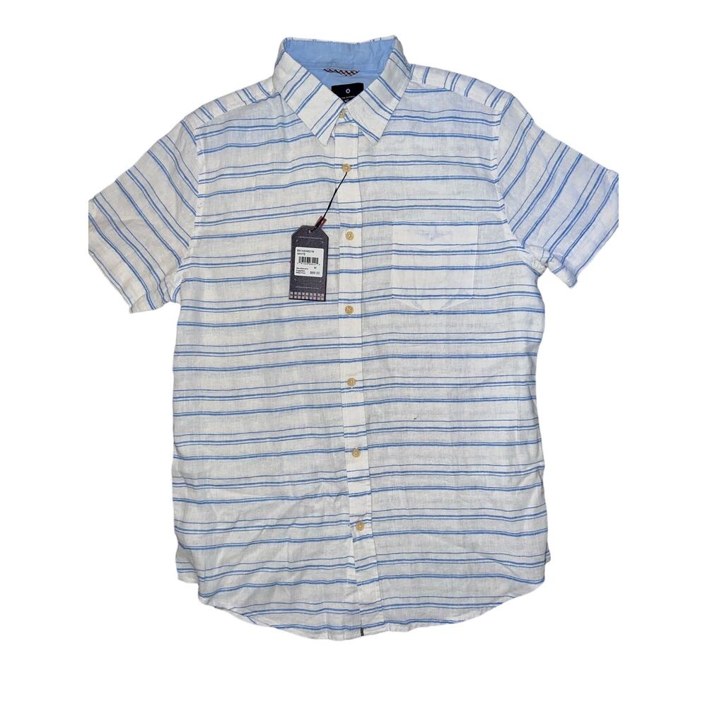 Ben Sherman Blue/ white striped linen blend short sleeve button down men Med NWT